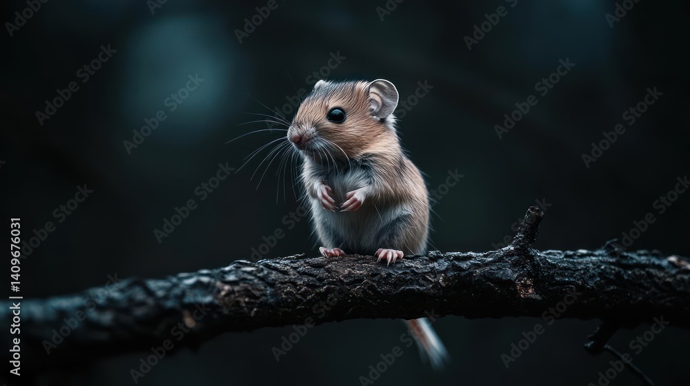 Poster close up of a wild field mouse standing upright on a dark textured branch, set against a blurred dee