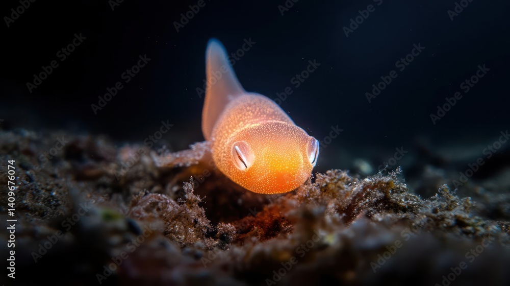 Poster Close-up shot of a small orange sea slug on the ocean floor, illuminated by a spotlight. The focus is sharp on the slug's head, which is dotted with tiny white speckles. The substrate is dark and