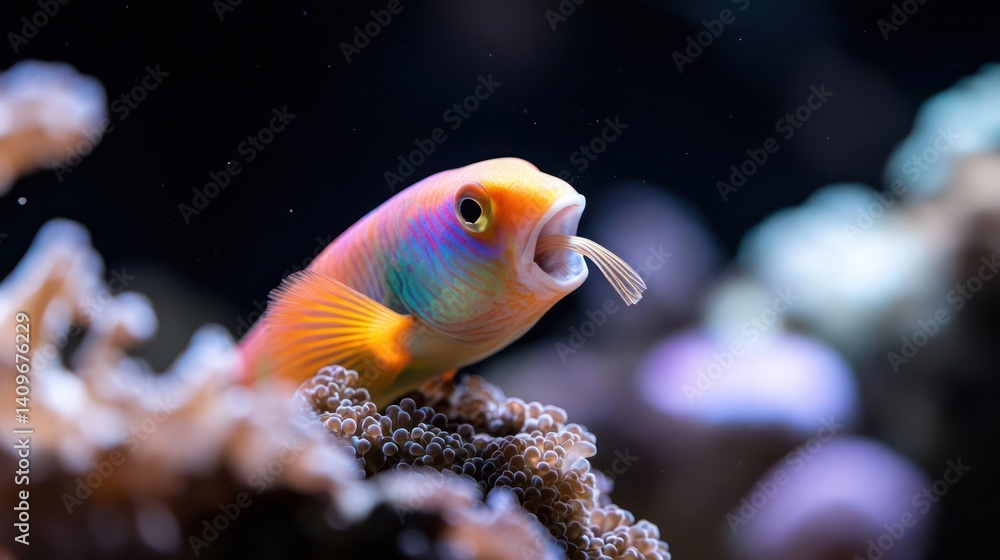 Poster close up shot of a vibrant orange fish with an open mouth and multi-colored markings near coral reef