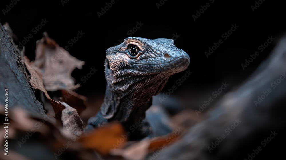 Aufkleber Close up shot of a lizard peering through dry leaves and a log with a dark blurred background in low light. Detailed scales and head