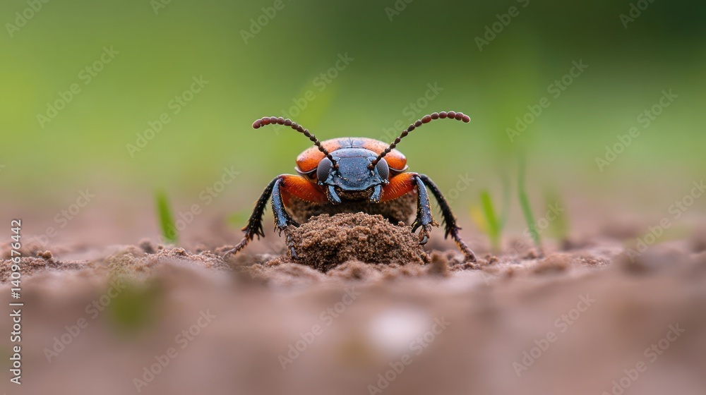 Aufkleber close-up of an orange-headed beetle perched atop a small dirt pile with blurred green background. th