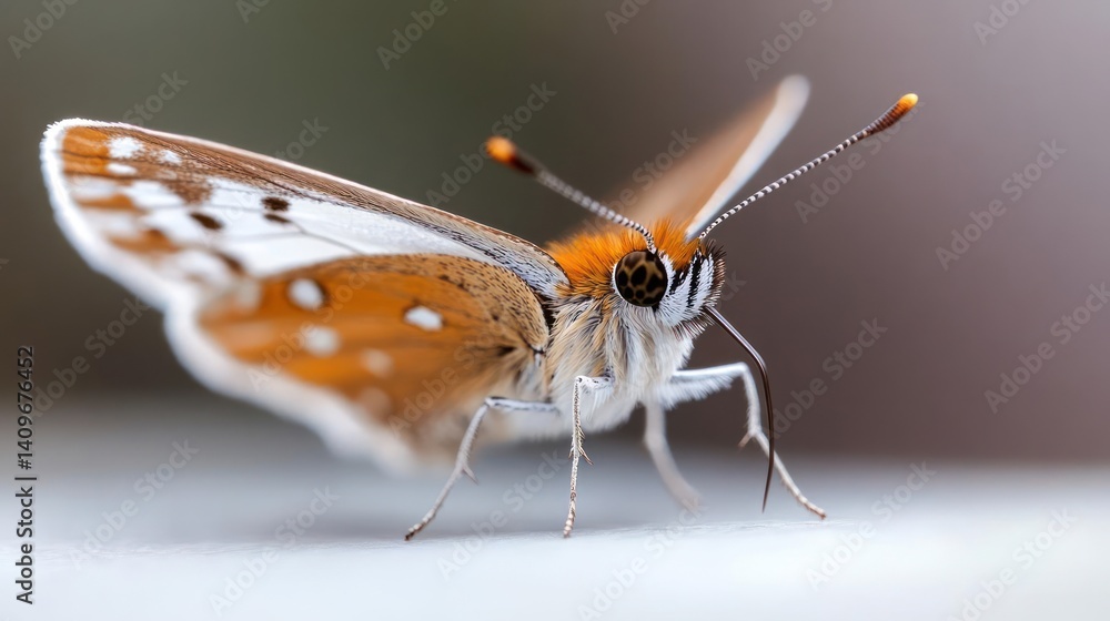 Poster a detailed macro shot captures a vibrant orange and white butterfly perched on a white surface, its 