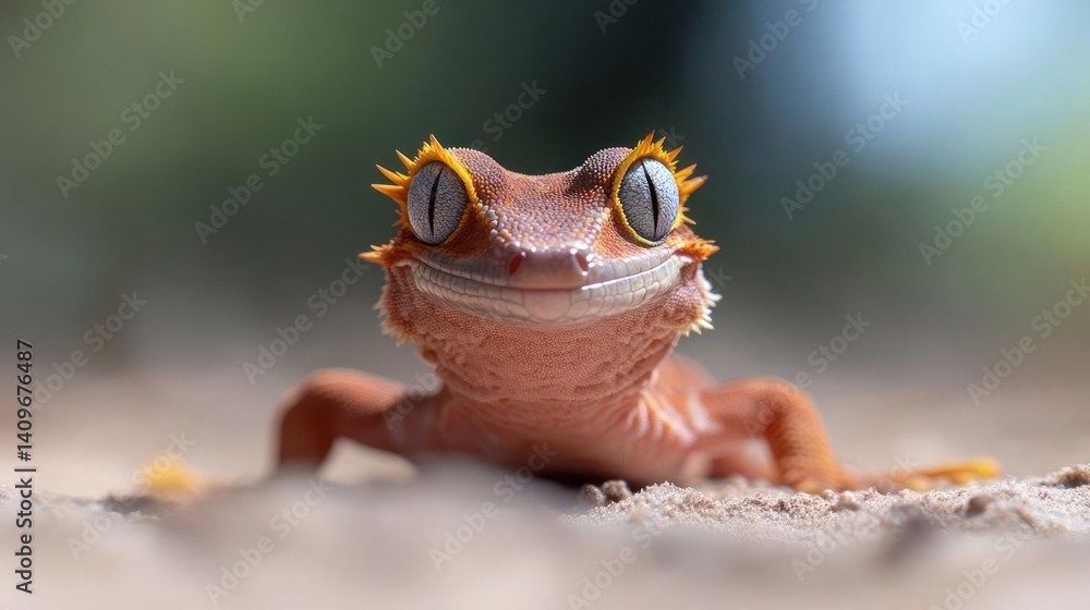 Poster Close up shot of a crested gecko with orange skin and spiky eyelashes sitting on beige sand with a smooth blurred background. The gecko is looking directly at the viewer, creating a direct connection