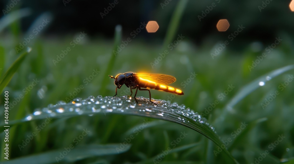 Poster a macro shot captures a glowing firefly on a dew-covered leaf, set against a blurred green backgroun