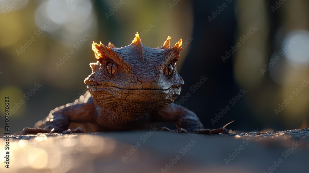 Poster close-up of a thorny devil lizard with spiky scales and orange eyes sitting on a rock in soft golden