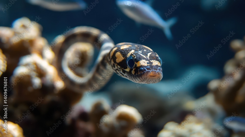 Poster Underwater shot of a mottled snake with gold and black markings coiled around coral. The snake faces forward, set against a backdrop of other fish and filtered light, creating a dynamic aquatic