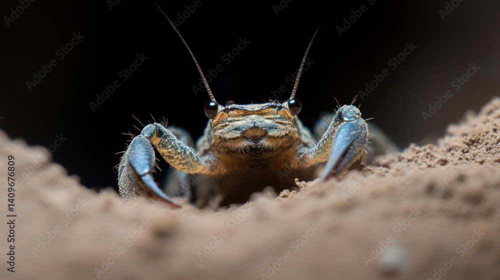 Poster macro shot of a crayfish emerging from a sandy burrow against a dark background, showcasing its text