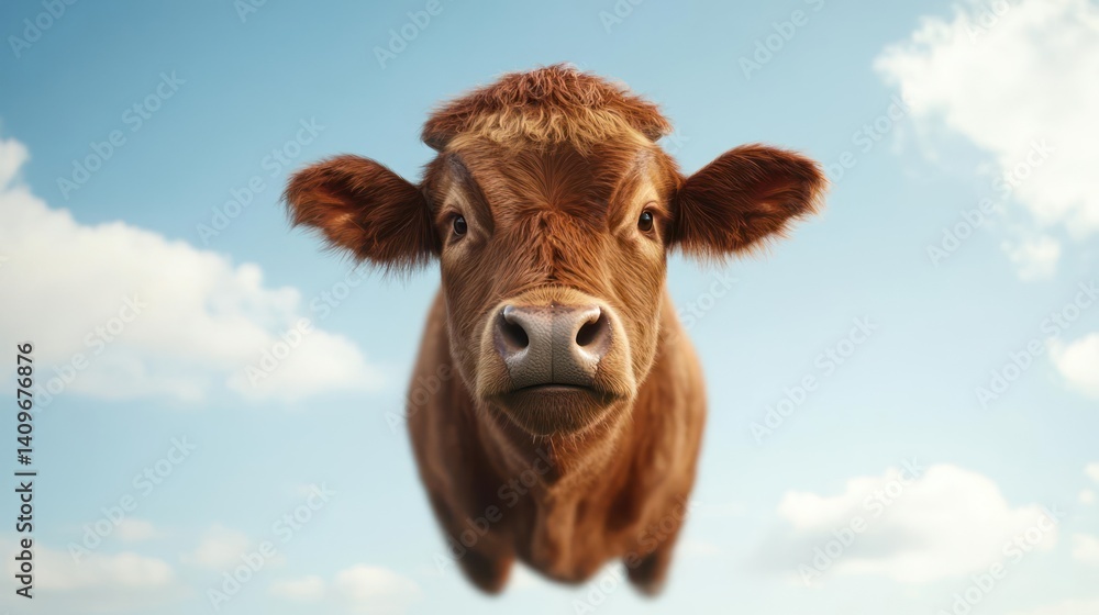 Poster an eye-level shot captures a brown cow against a bright blue sky dotted with fluffy clouds. the cow'