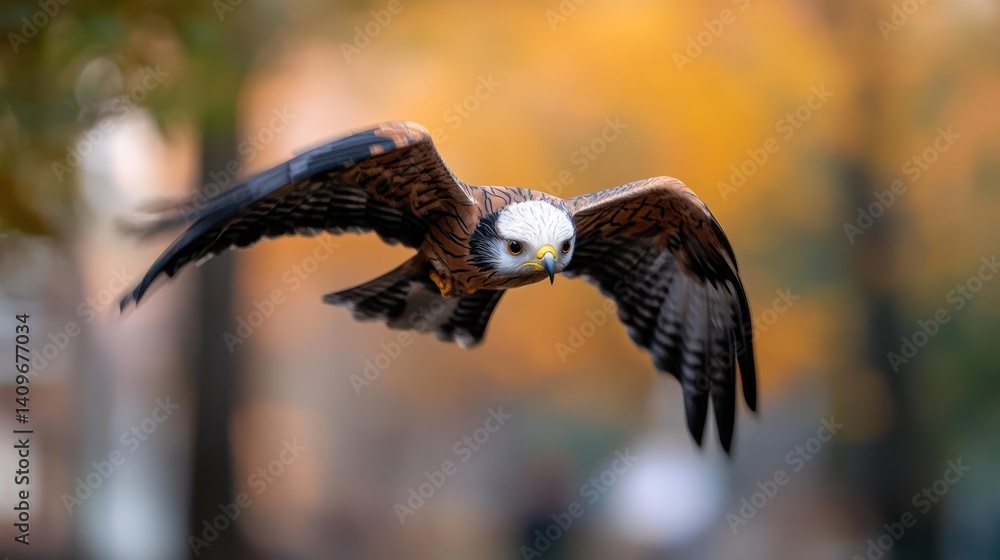 Poster Majestic brown and white bird of prey soaring through the air with wings spread, captured against a softly blurred background of trees with autumn foliage, creating a dynamic and captivating scene