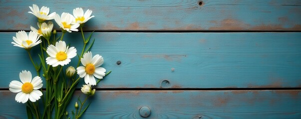 Fototapeta premium Several small white flowers scattered on weathered wooden surface , organic, floral