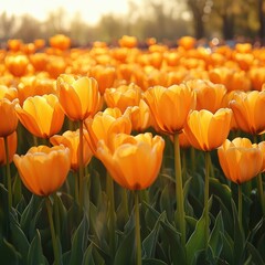 Field of orange tulips in bloom with blurred background.