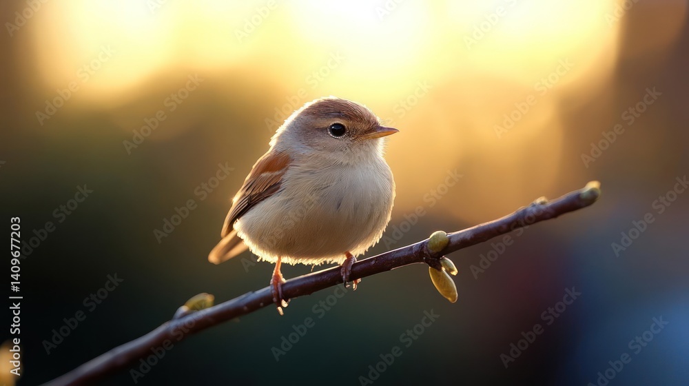 Aufkleber Close-up shot of a tiny brown wren perched on a slender branch with new buds, backlight by a warm sunset glow. Bird's feathers are detailed, creating a soft and textured appearance. Background is a