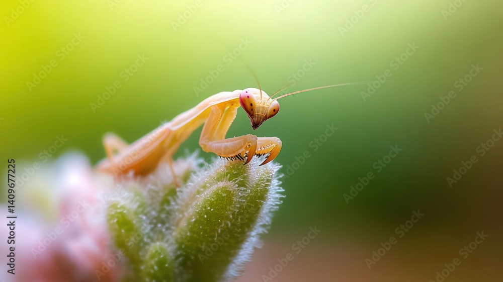 Aufkleber Macro shot of a cream-colored praying mantis perched on a fuzzy green plant. The image features a shallow depth of field, blurring the background and highlighting the insect's intricate details