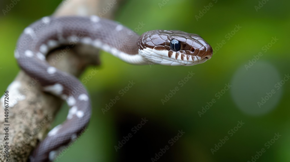 Aufkleber a close-up shot of a brown snake coiled on a tree branch, set against a blurred green background. th