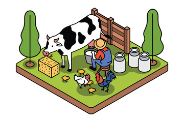 Milking Cow Farming Isometric Illustration