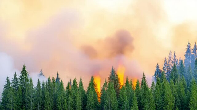 Forest Engulfed in Flames Under Smoky Sky During Wildfire Event