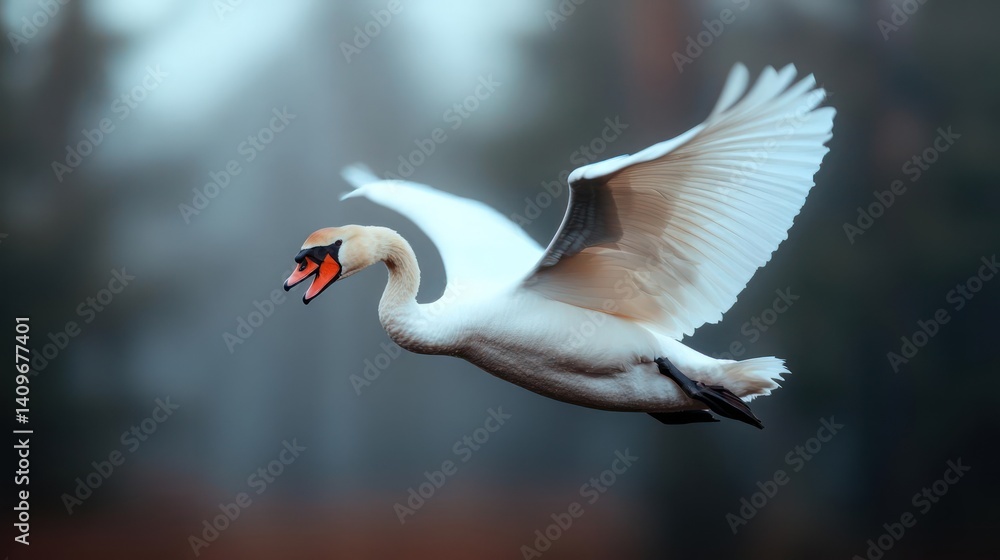 Poster dramatic close up of a white mute swan with red beak taking flight in a foggy, wooded area. the swan