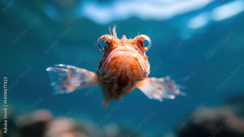 Poster A close-up of a small, orange fish with intricate patterns and spiky fins swimming towards the viewer in clear, blue water. The fish's eyes are large and prominent with soft focus on the coral reef