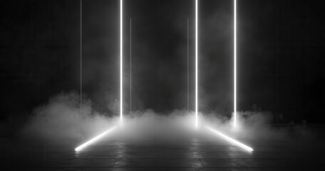 Dark Room Neon Lights: Minimalist White Beams and Foggy Atmosphere
