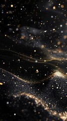A mesmerizing abstract background featuring swirling black and golden particles, creating a captivating, dynamic effect of movement and light.