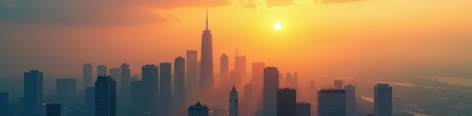 Fototapeta premium Sun-drenched skyscrapers barely visible through thick smog , atmospheric perspective, smog layer, low visibility