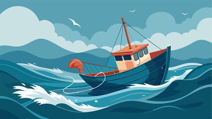 The empty fishing boat rocks gently back and forth in the choppy waters its ropes and nets tangled and lifeless. The rough waves mirror the turbulent times facing the fishing. Vector illustration