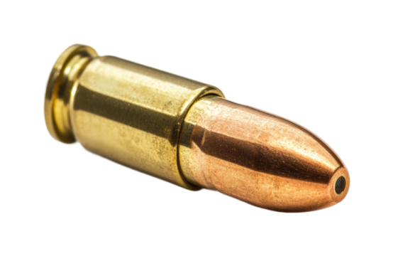 Bullet cartridge industrial product view. Isolated on transparent background, png.
