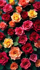 Obraz premium Vibrant rose wall, blooms in red, pink, yellow, orange, photography, wall art, shades