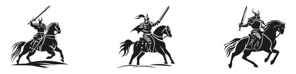 Fototapeta premium Medieval Knights On Horseback Silhouette Set. Chivalry And Valor In Battle Isolated Vector Illustration Collection