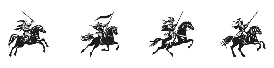 Fototapeta premium Medieval Knights On Horseback Silhouette Set. Historical Warfare And Chivalry Themes Isolated Vector Illustration Collection