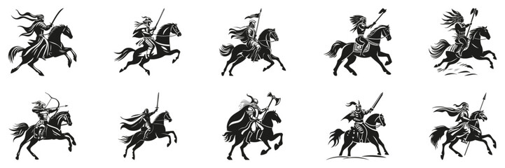 Medieval Warriors On Horseback Silhouette Set. Historical Combat And Cavalry Illustration Collection