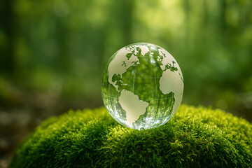 World in Nature's Embrace: A glass globe sits perched atop a lush bed of green moss, symbolizing Earth's precious environment, the surrounding forest.