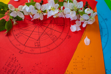 Printed colorful  astrology charts with small, white, and fragile spring flowers and green leaves...