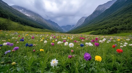 Fototapeta premium Lush alpine meadow bursting with vibrant wildflowers, framed by majestic mountains under a cloudy sky