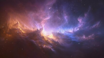 A stunning cosmic nebula displaying vibrant colors of purple, orange, and blue. Ideal for astronomy, space art, and digital backgrounds.