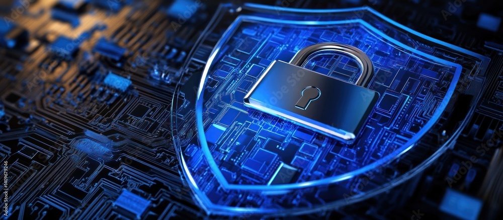 Poster digital fortress: a conceptual illustration of cybersecurity featuring a padlock secured on a shield