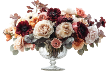 Elegant autumnal flower arrangement in a crystal vase rich burgundy peach on transparent background