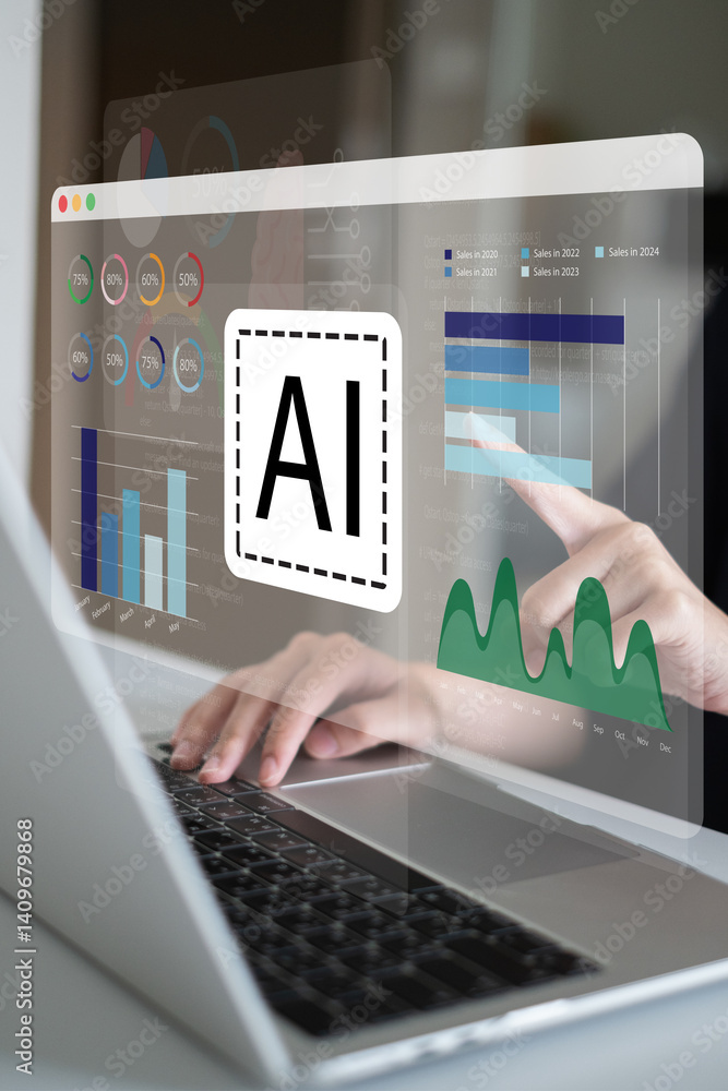 Poster businessman use artificial intelligence in data analysis information business digital computer innov