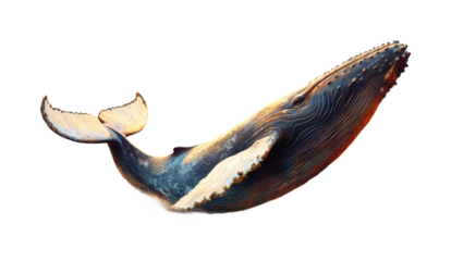 Whale breaching action ocean waters digital serene environment side view. Isolated on transparent background, png.