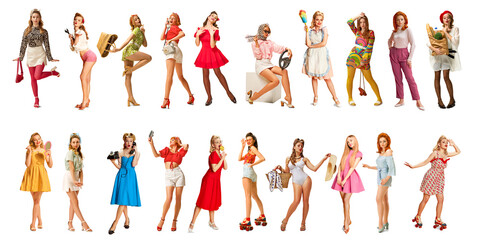 Mixed collage of women in polka dot, pastel, and bold prints posing with props in pin up fashion...