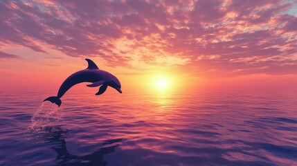 Dolphin leaping sunset ocean; nature scene, peaceful background; ideal for travel or wildlife