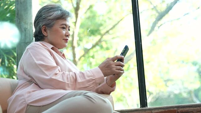 Elderly female drinking wine sitting in cafe with technology laptop, Asian senior 60s pensioner happy free time watching movie or chatting with friends after retirement. ability old age people working