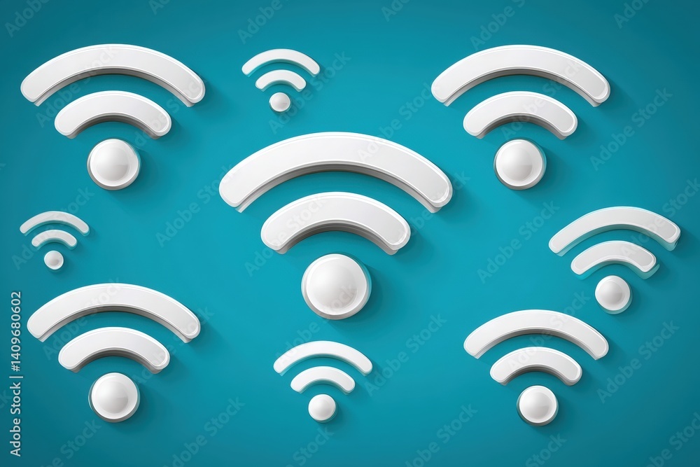 Poster wireless signal icons on a blue background in various sizes.