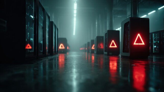 Futuristic data center hallway with glowing red triangular warning symbols and symmetrical layout in cold ambient light, perfect for cybersecurity banners and system error alert visuals