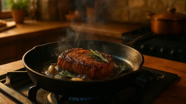 Sizzling steak cooking in a hot skillet with garlic and rosemary over a gas flame in a rustic kitchen, steam rising in cinematic lighting, perfect for food video ads

