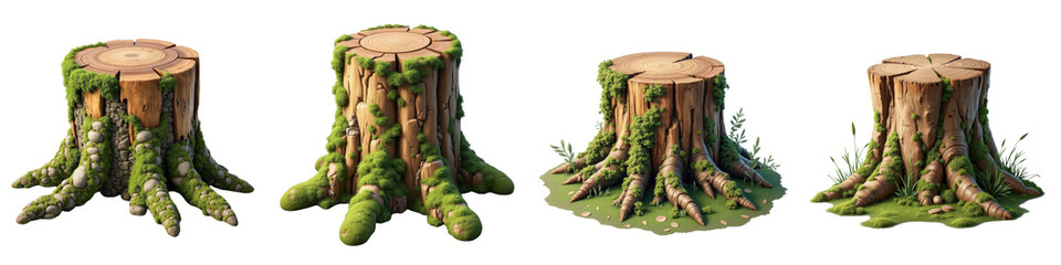 Set of Mossy Tree Stump Illustrations - Forest Elements