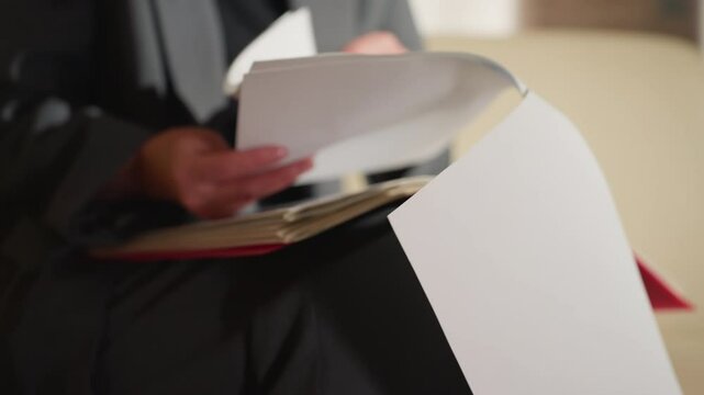 Close-up of businesswoman in gray suit flipping through large stack of documents in red folder while sitting in office, showcasing detail-oriented work, organization, and hands-on paper handling