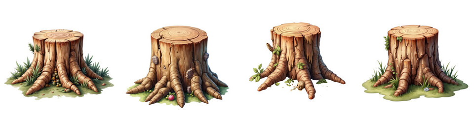 Set of Tree Stump Illustrations with Roots and Sprouts