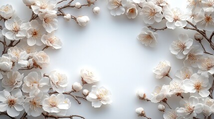 Soft white cherry blossom branches framing the top corners of a transparent background, delicate and minimal floral border design  
