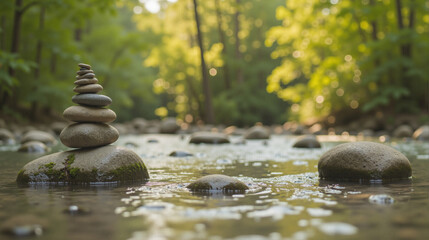 Balanced Stone Cairn on a Riverbed, Zen Meditation and Mindfulness in Nature, Harmony and Peace